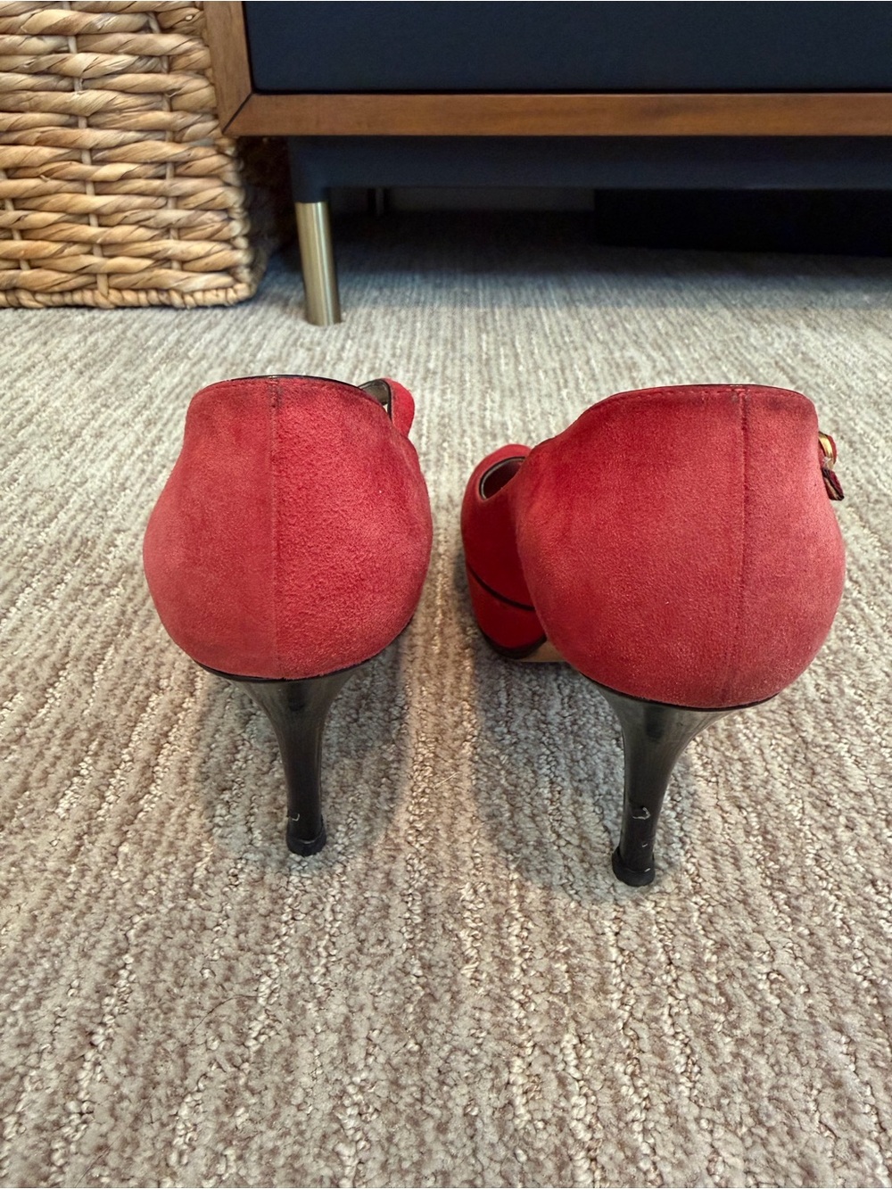 Saint Laurent Red Suede Mary Jane Peep-Toe Heels with Gold Buckle 37.5 - Picture 3 of 8